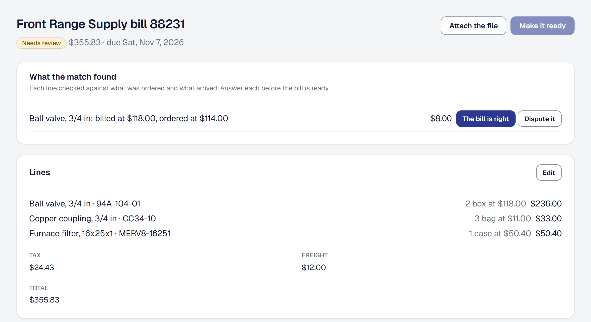 Front Range Supply's bill in Purchasing: each line set against what was ordered and what came in, and the one price the match asks about — ball valves billed at $118 a box against the order's $114