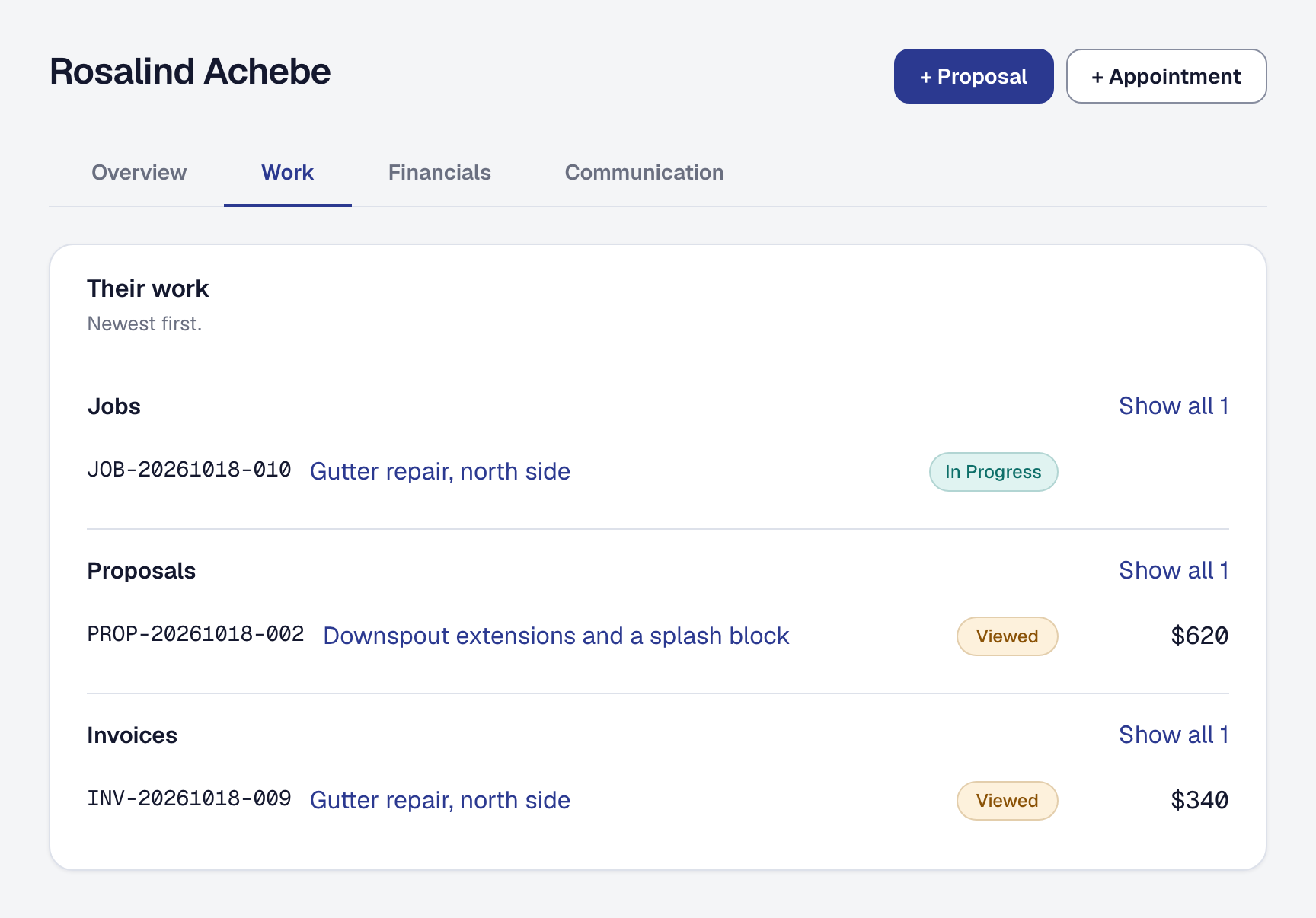 A client's Work tab — their job, proposal and invoice, newest first, each with its number, status and amount, and Show all beside each list
