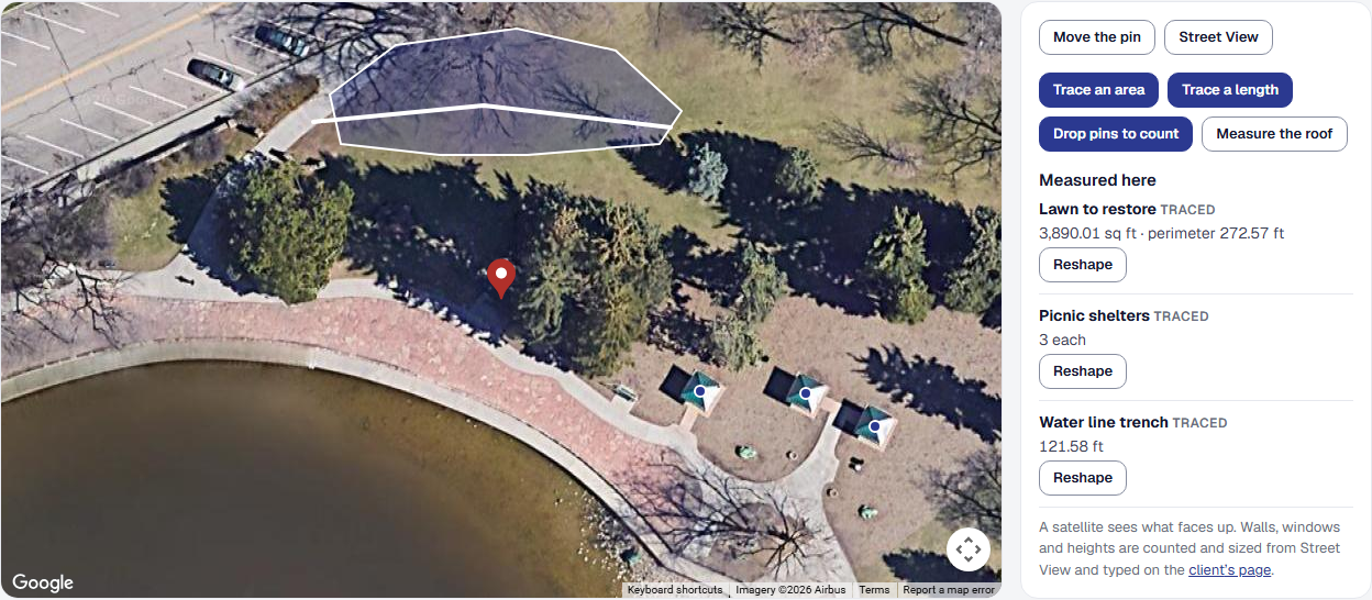 The site map on satellite imagery at a park: a lawn traced as an area, a water line trench across it as a length, and three picnic shelters counted with pins, each listed beside the map with its size