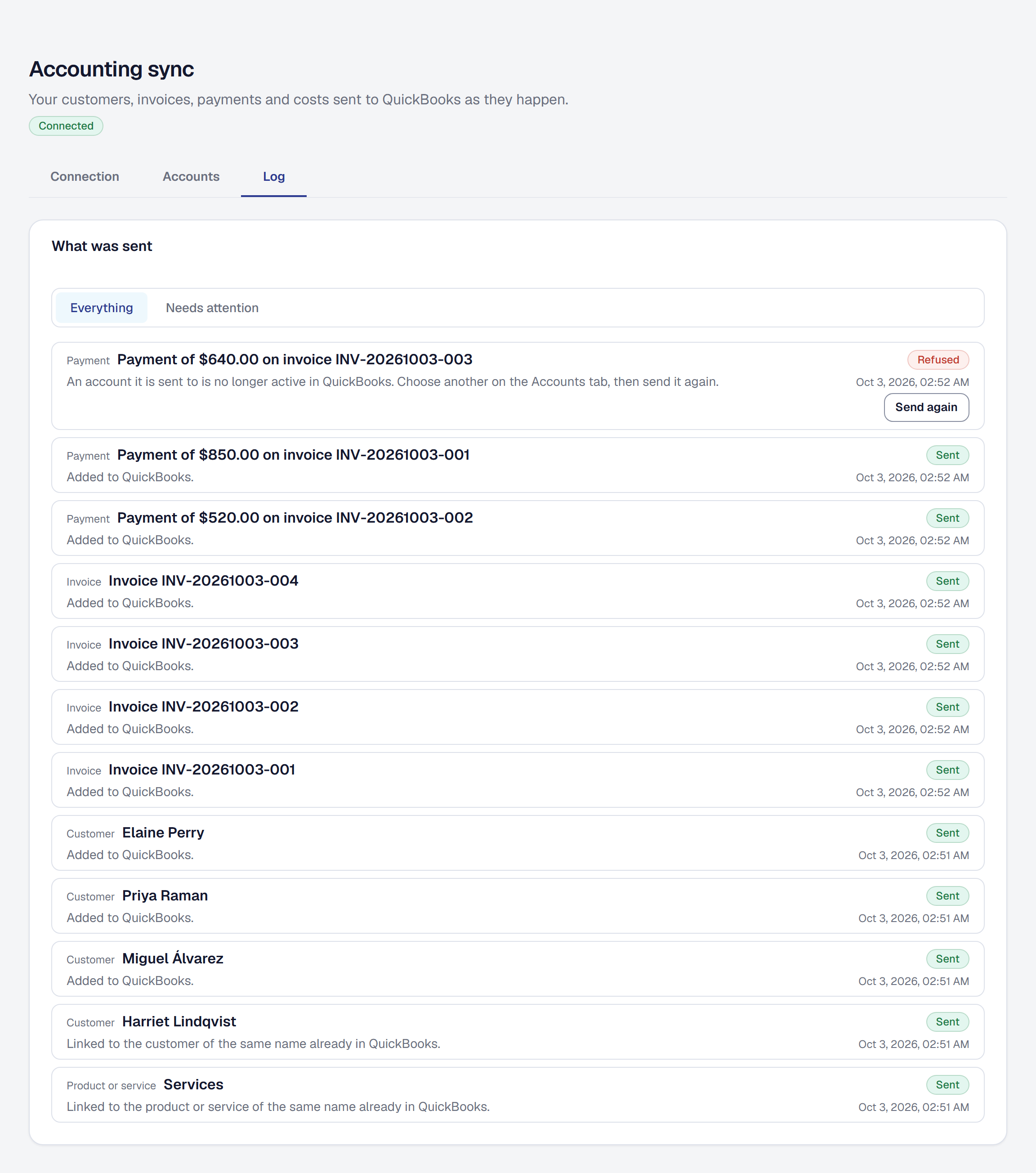 The Log tab of Accounting sync, connected to QuickBooks: customers, invoices and payments each marked Sent with what QuickBooks answered, and one payment refused because an account is no longer active, with Send again.