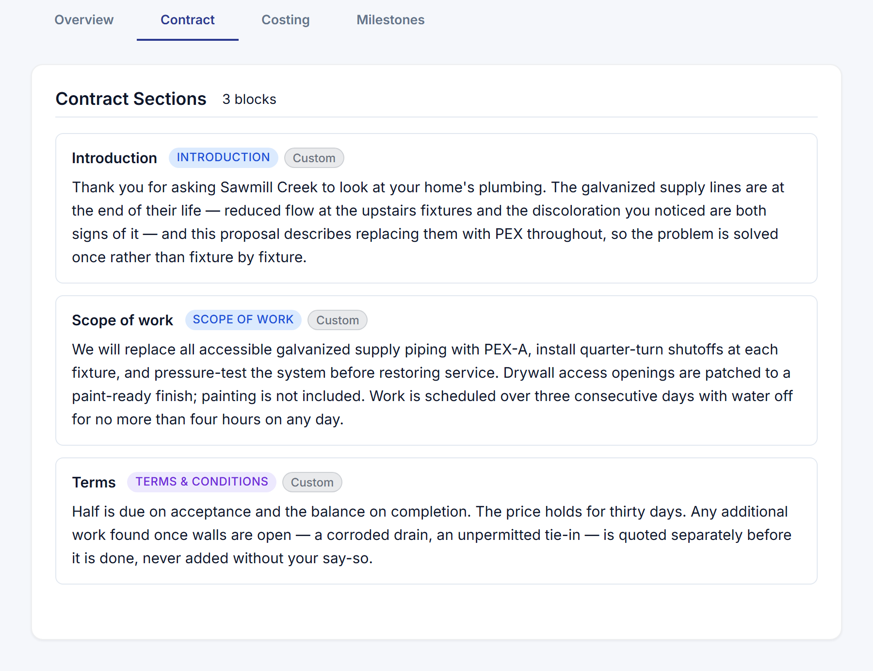 A proposal in SMG Tools on its Contract tab: the scope of work and contract sections the assistant drafted from a description of the job.