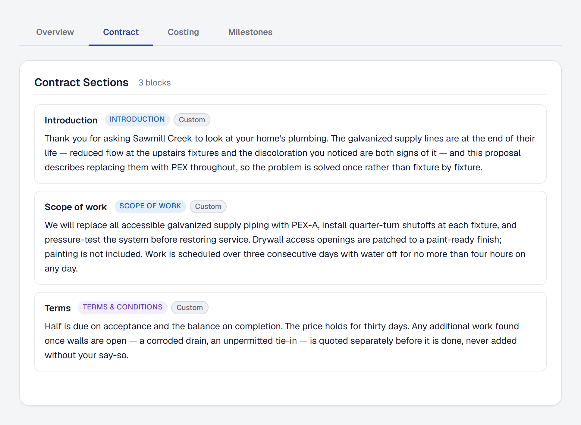 Proposal contract editor with AI-generated scope of work sections