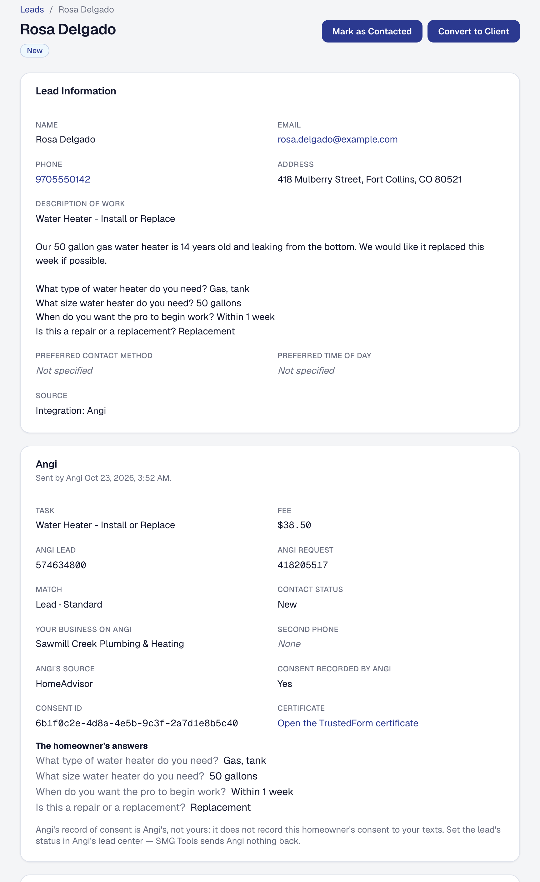 A lead from Angi on its own page: the homeowner, the job in their words and their answers, its source Integration Angi, and the Angi panel with Angi's lead and request numbers, the fee, the match, HomeAdvisor as Angi's source and Angi's consent record