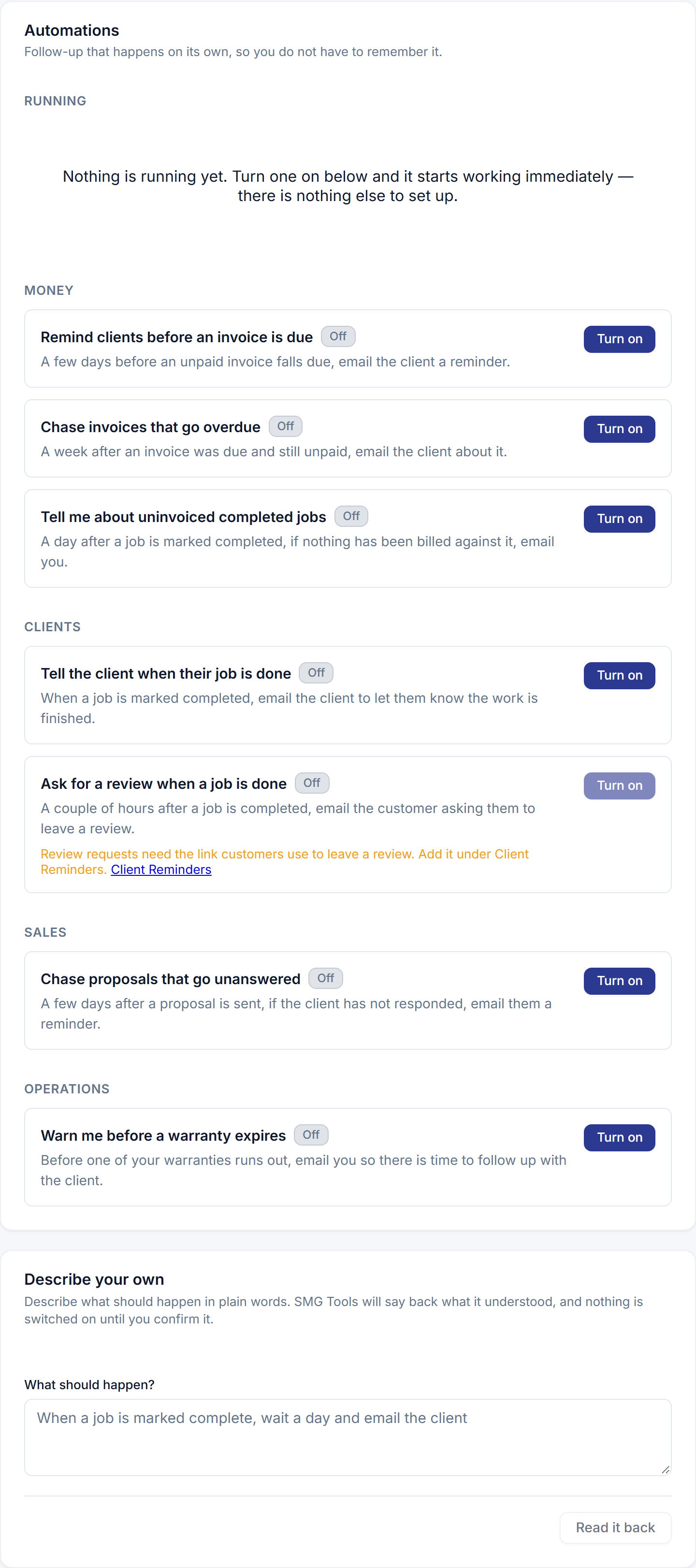 The Automations page in SMG Tools: the ready-made recipes grouped by what they act on, each with one toggle.