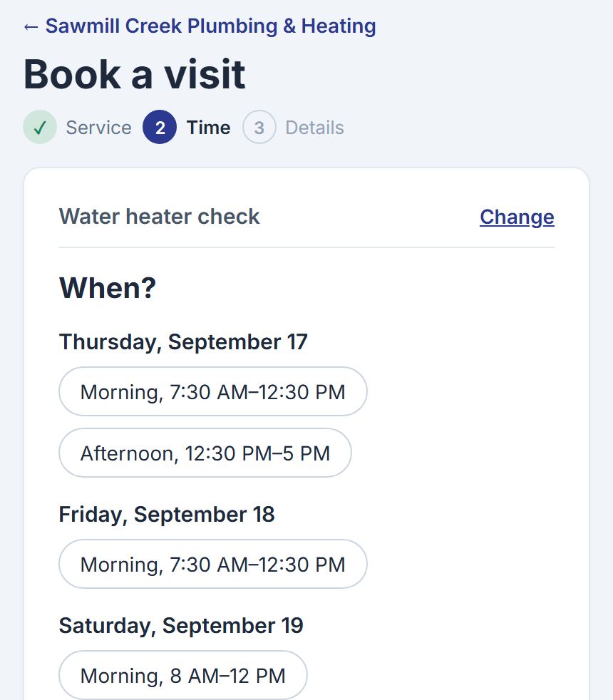 Book a visit on a phone: a water heater check picked, and the next days' morning and afternoon windows on offer.