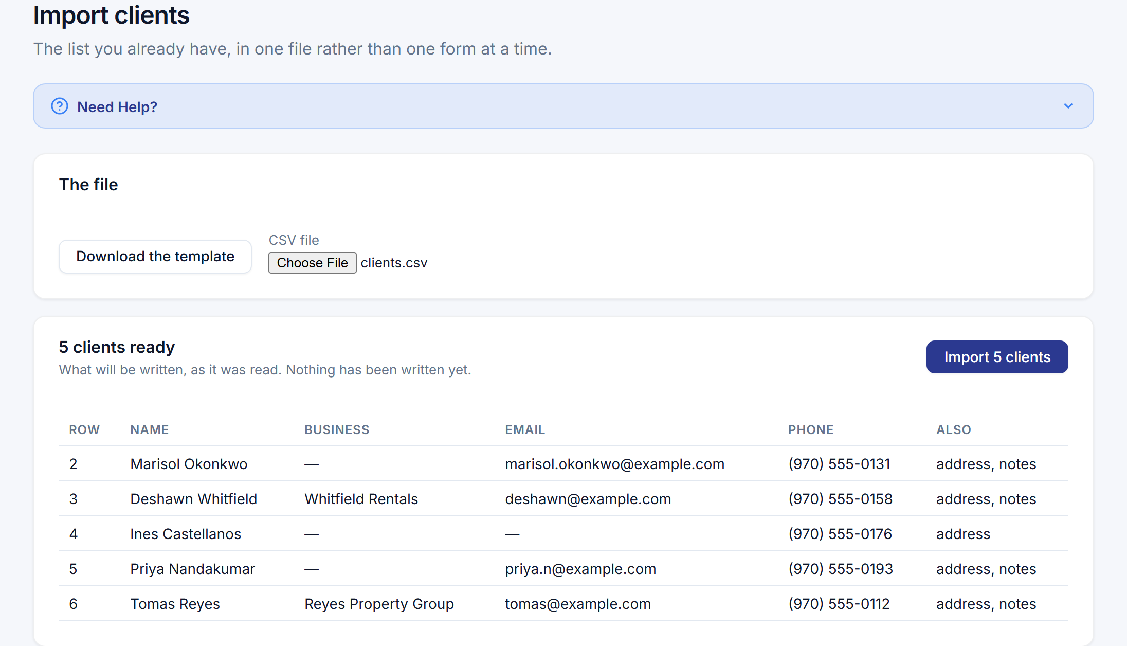 The client import with a spreadsheet chosen and checked — five clients ready, each row as it was read, and one button to write them.