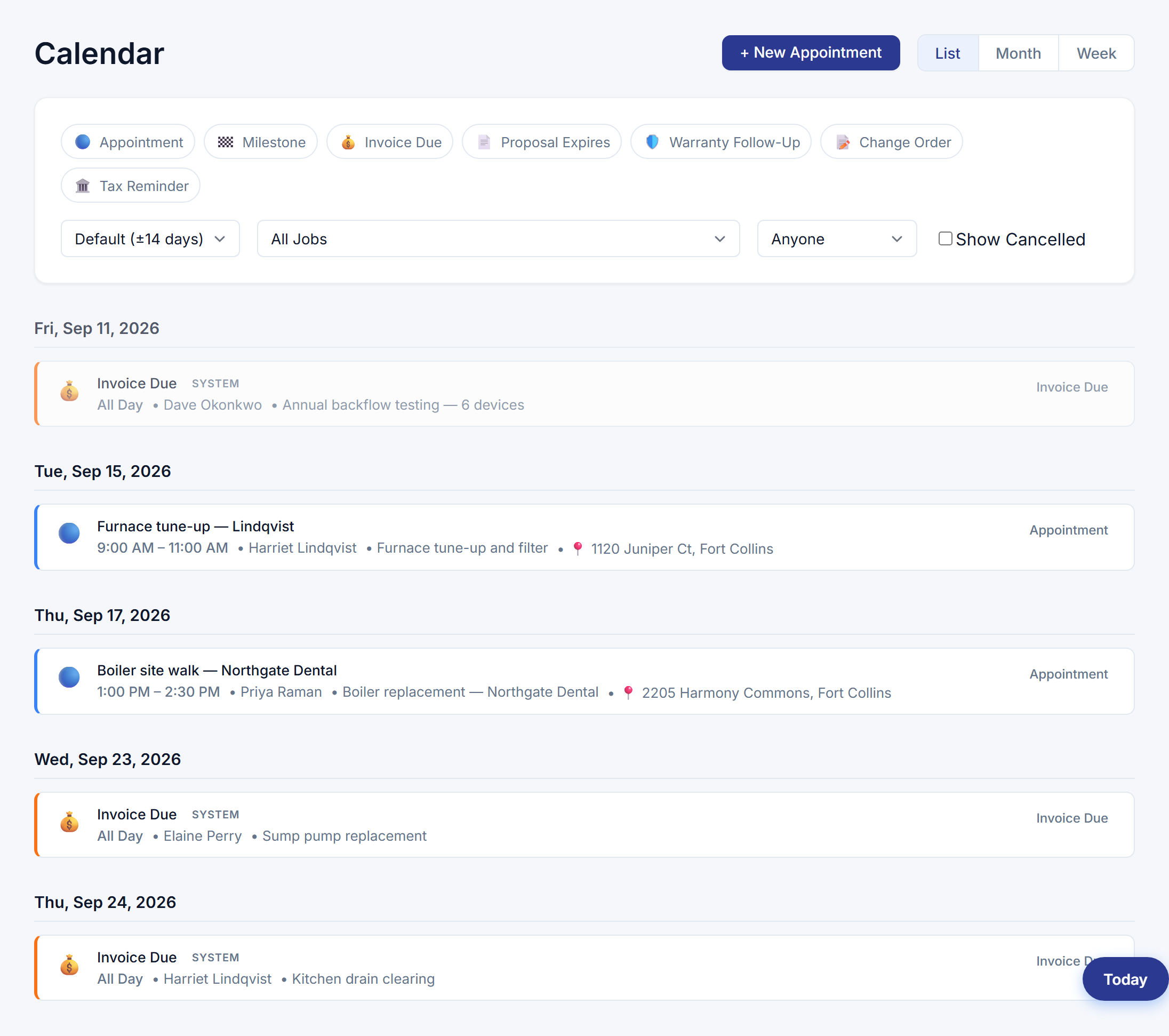 The SMG Tools calendar for a month: appointments beside the due dates the jobs and invoices put there.