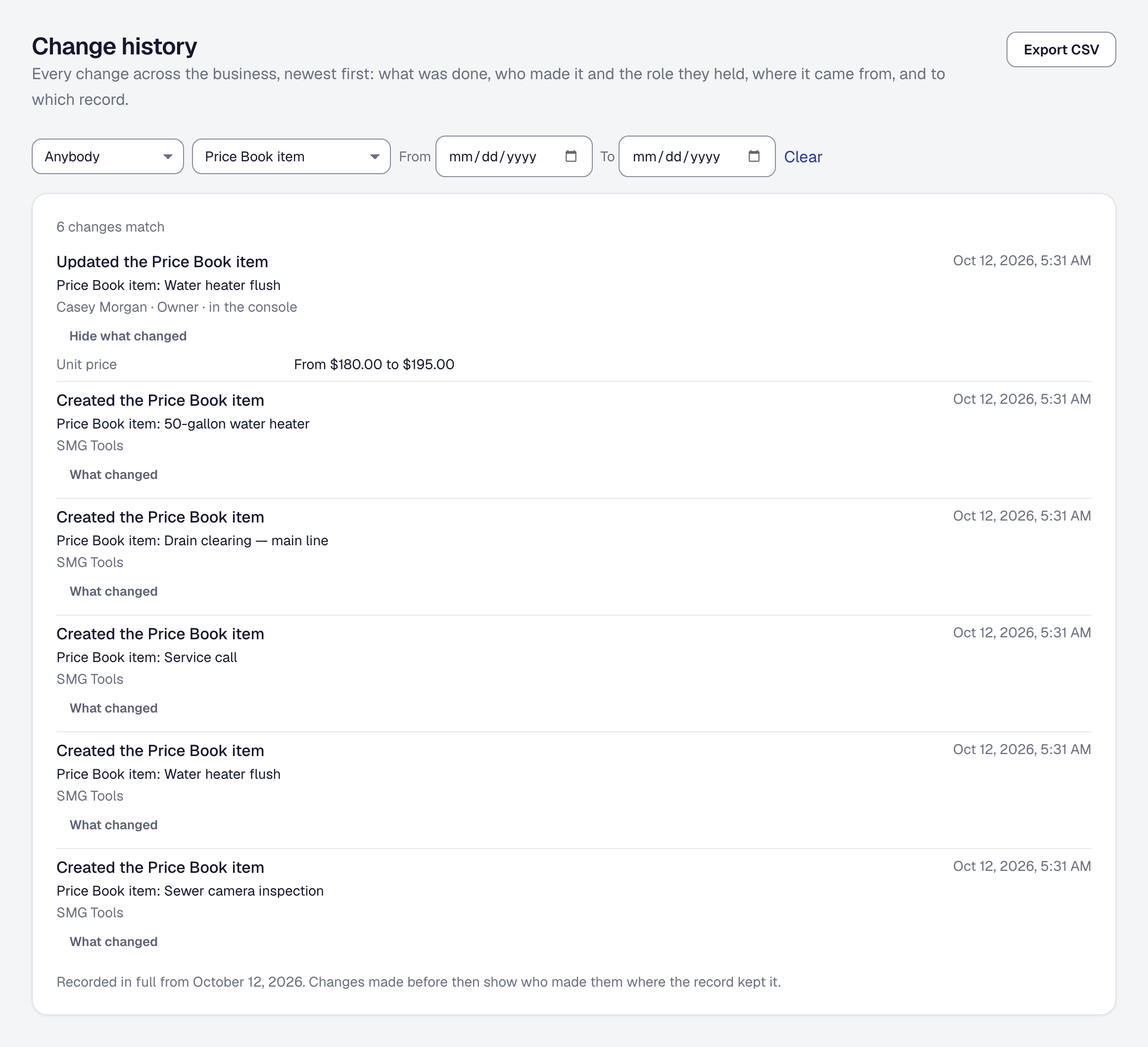 The Change history page narrowed to Price Book items: the owner's change to the water heater flush, opened to show its unit price from $180.00 to $195.00, above the items the business started with