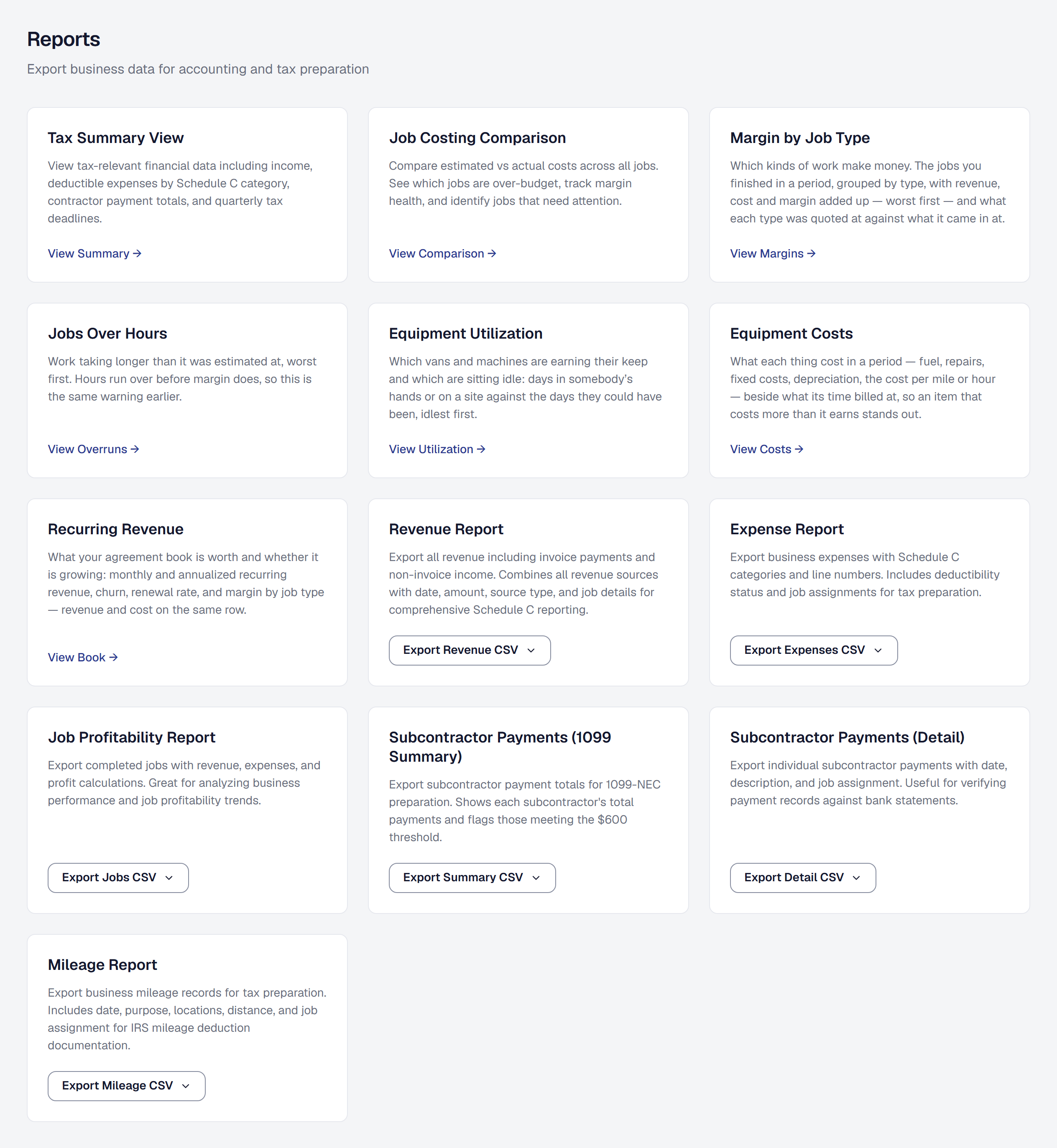 Reports page with tax summary, expense report, and profitability exports