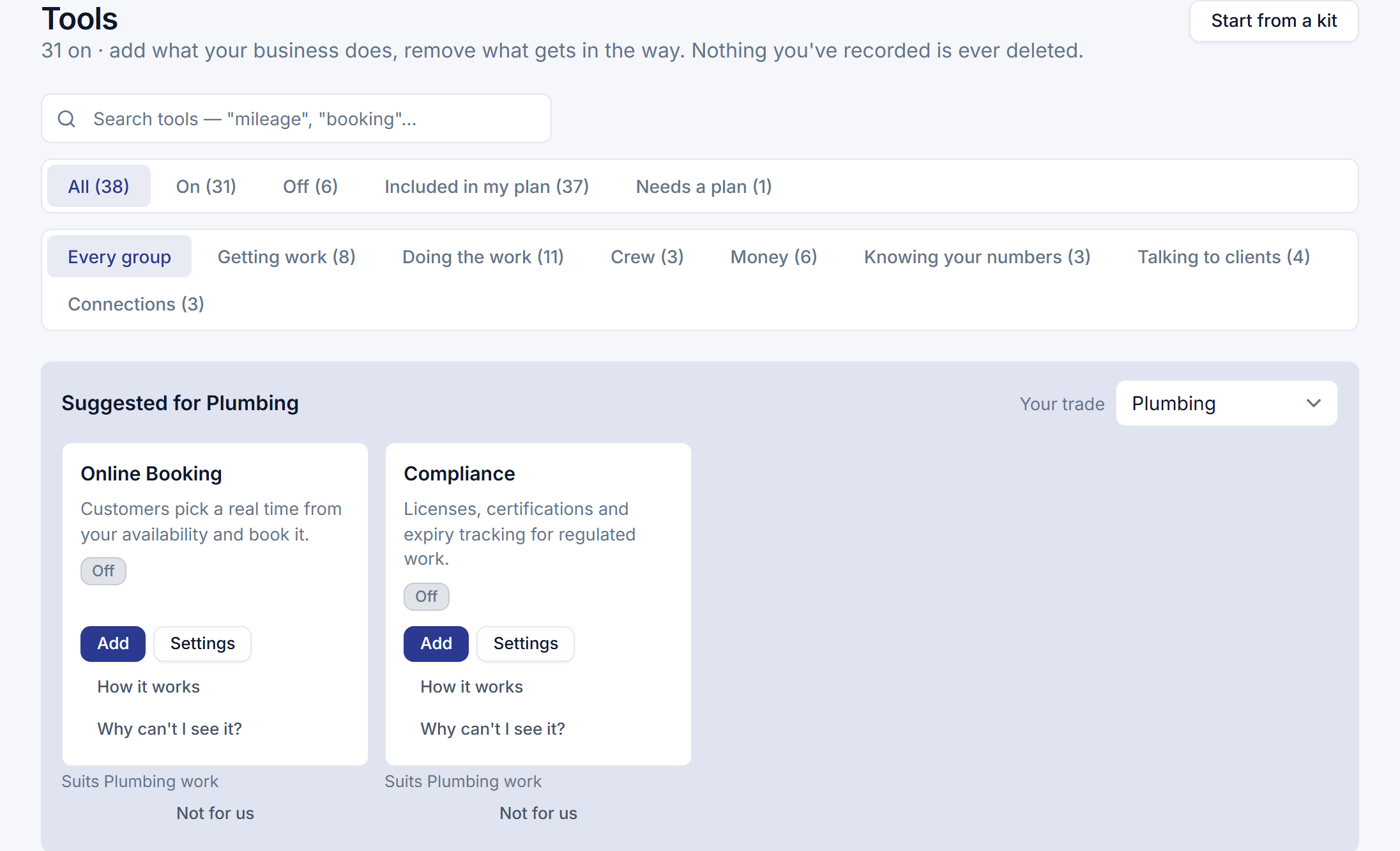 The Tools page, showing how many tools are on, a search box, filters by state and by group, Start from a kit, and the tools suggested for a plumbing business