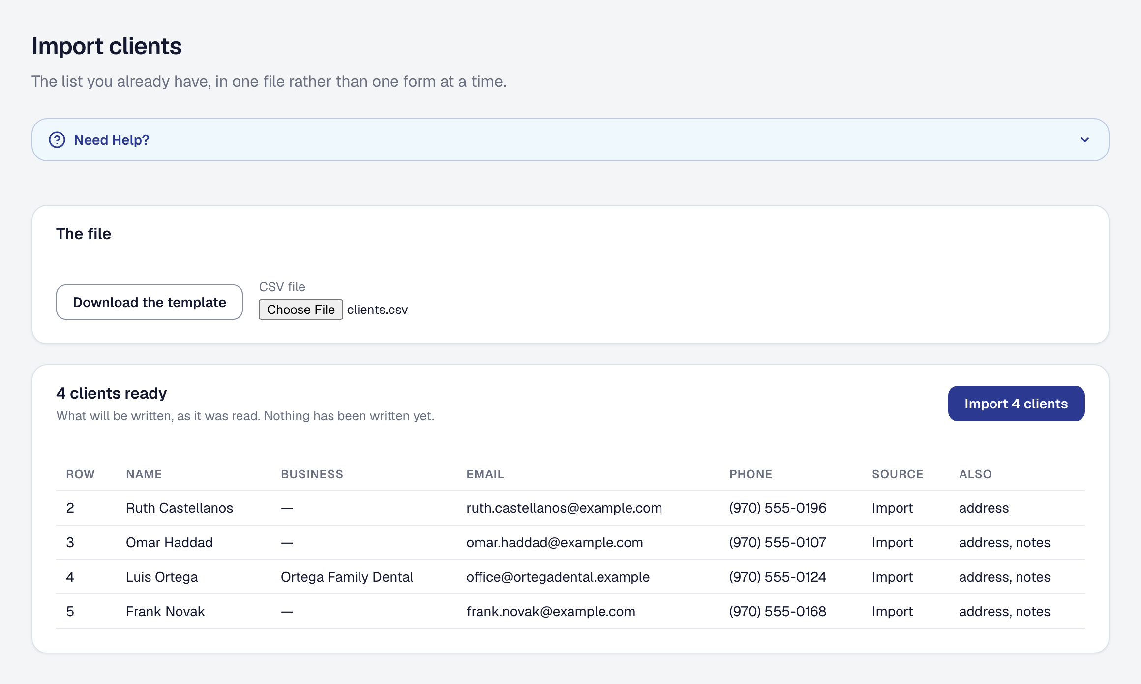 The Import Clients page with four clients read from a spreadsheet, each row shown before anything is written, and the button to import them