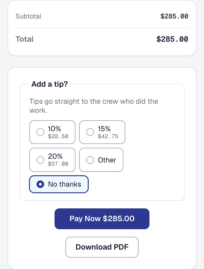 The customer's invoice on a phone, what is owed and the Pay Now button