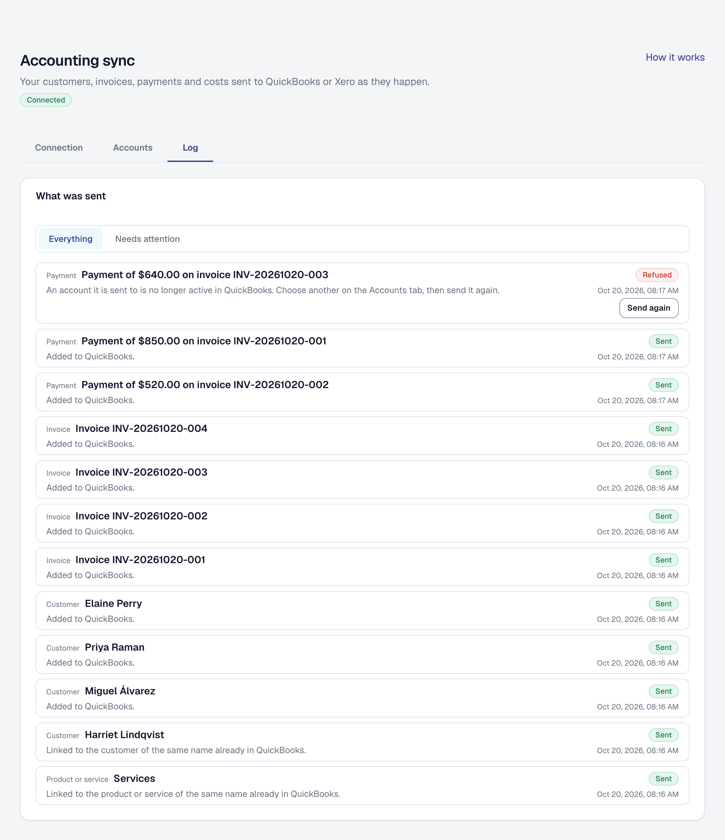 The accounting sync log, every record sent to QuickBooks and one payment it refused, with why and Send again