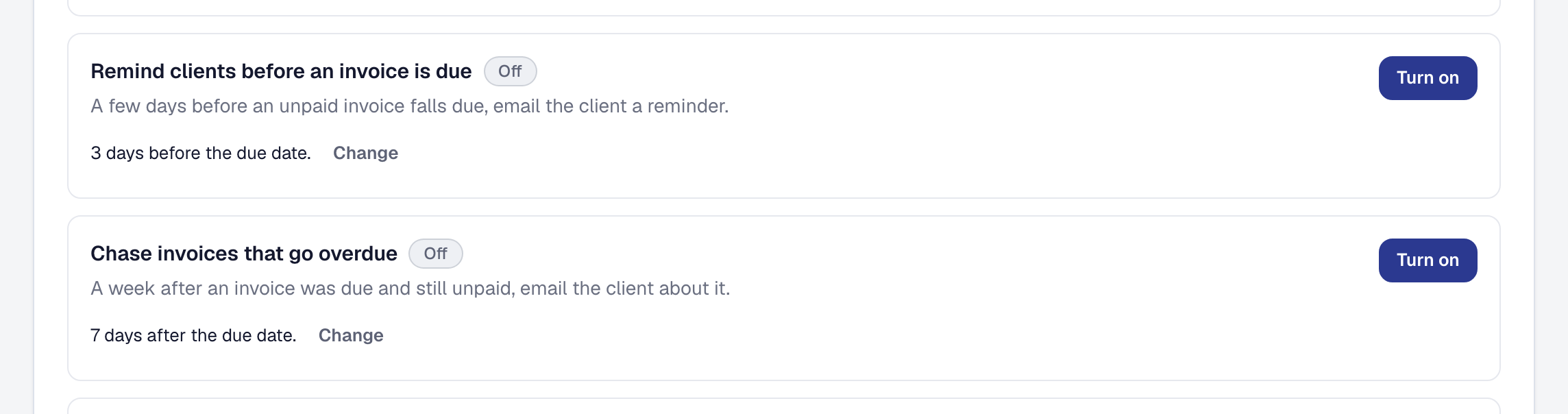 Two ready-made automations, one reminding a customer before an invoice is due and one chasing it once it is overdue