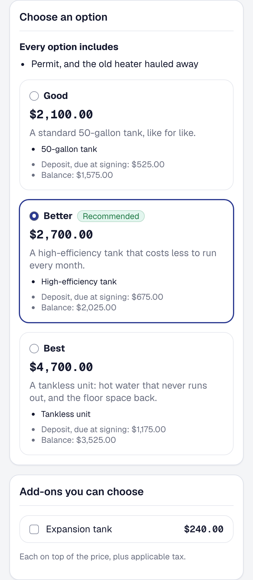 The customer's proposal on a phone, three options side by side with Better chosen and the expansion tank offered as an add-on