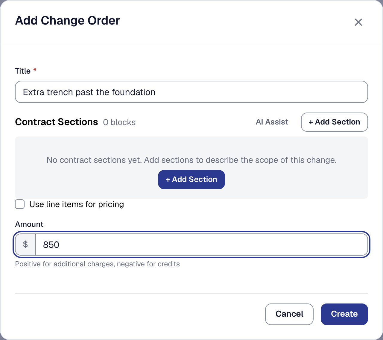 The new change order for a job past its estimate, titled Extra trench past the foundation, at $850