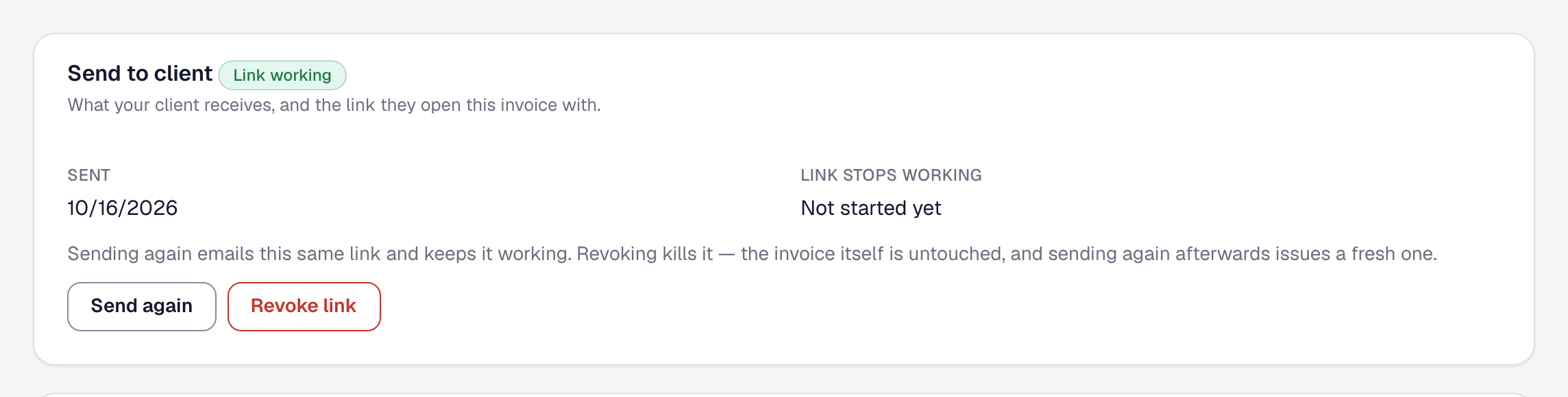 An invoice's Send to client panel, with the email already sent and Send again beside it