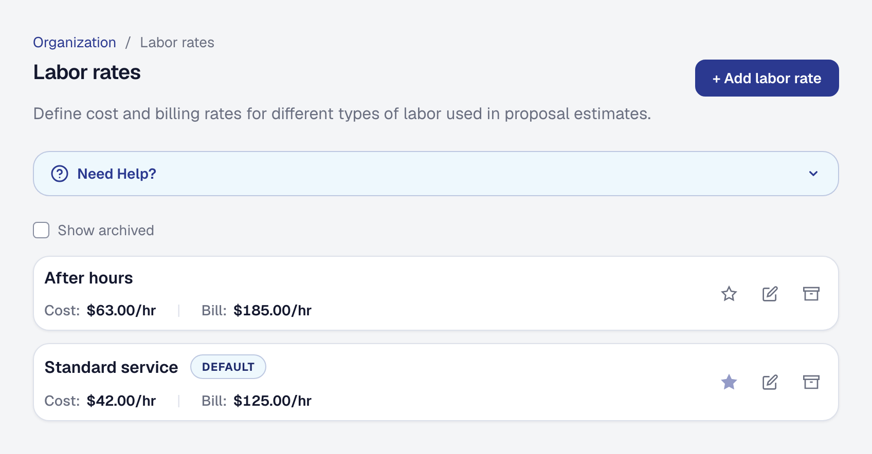 The labor rates, a standard rate and an after-hours rate, each with what the hour costs and what it is billed at