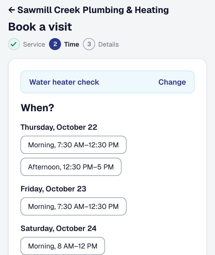 The booking page on a phone, a water heater check chosen and the times the crew can make on the days ahead