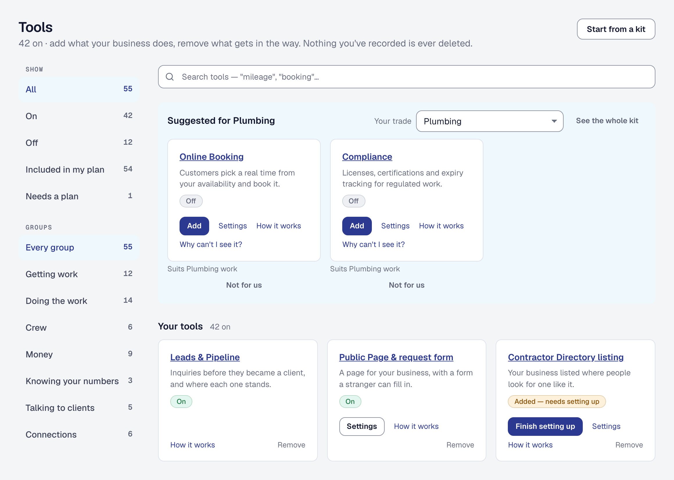 The Tools page with Plumbing as the trade, Online Booking and Compliance suggested for plumbing work, and the business's own tools listed as on