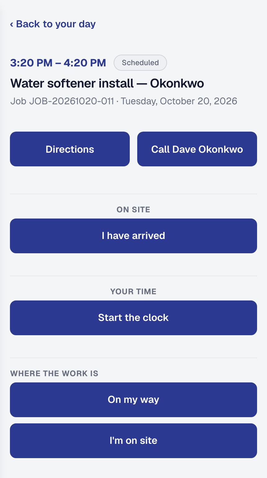 A visit on the crew's phone, where the work is and its status buttons, On my way first
