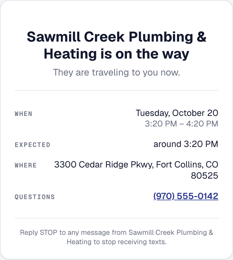 The customer's page on a phone saying Sawmill Creek Plumbing & Heating is on the way, with when to expect them and where