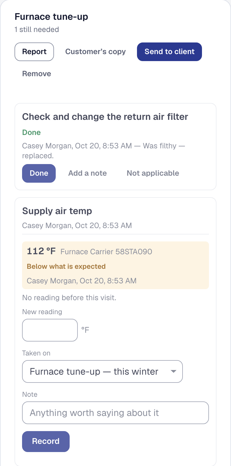 A furnace tune-up's checklist on a phone, the filter changed and a supply air temperature marked below what is expected