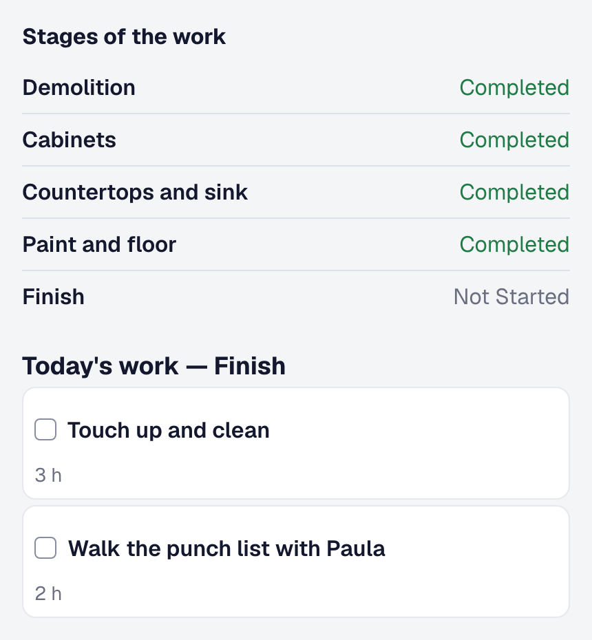 A carpenter's visit on a phone, the job's stages with four completed and the finish's two tasks for the day with their hours