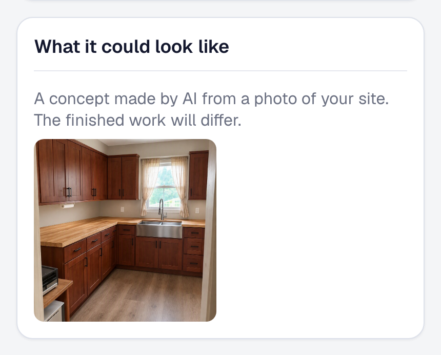 The client's own proposal page on a phone, the concept of the finished kitchen under What it could look like, said to be made by AI