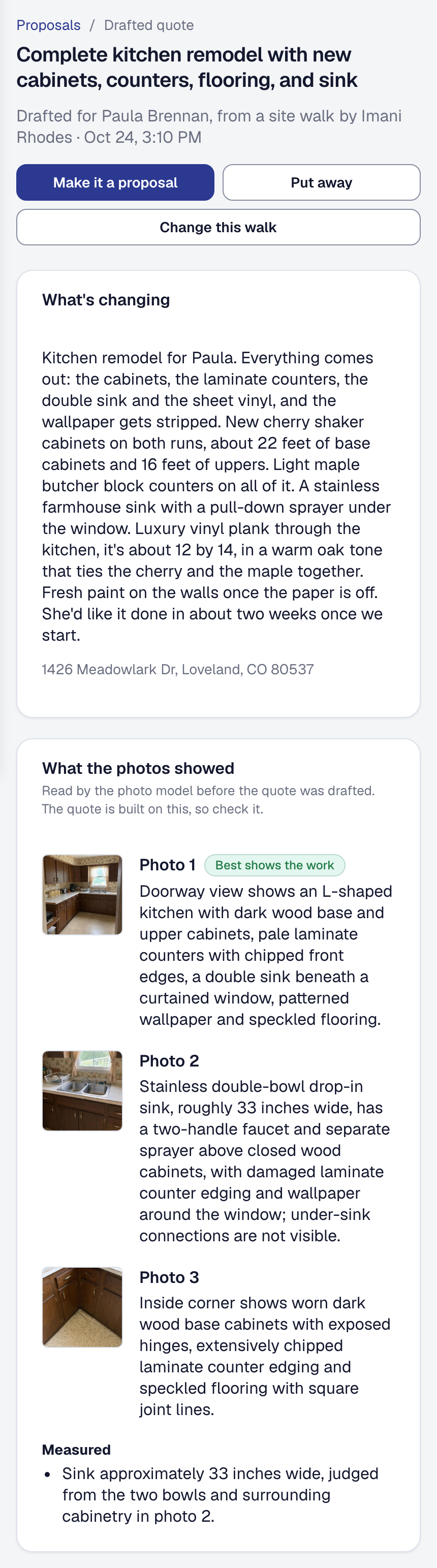 A site walk on a phone, drafted for the client from the project manager's walk, the client's words and what each of the three photos showed