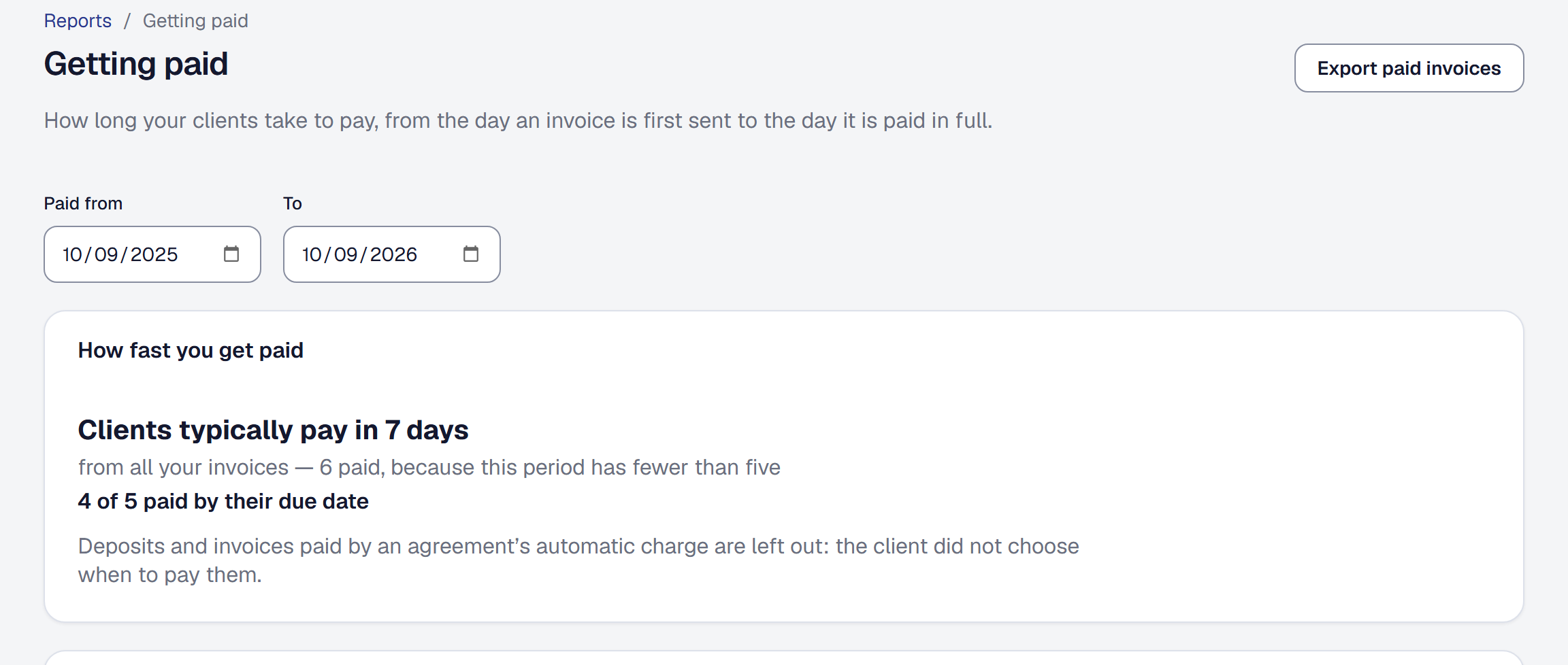 The Getting paid report — clients typically pay in 7 days, from all six paid invoices, and 4 of 5 paid by their due date