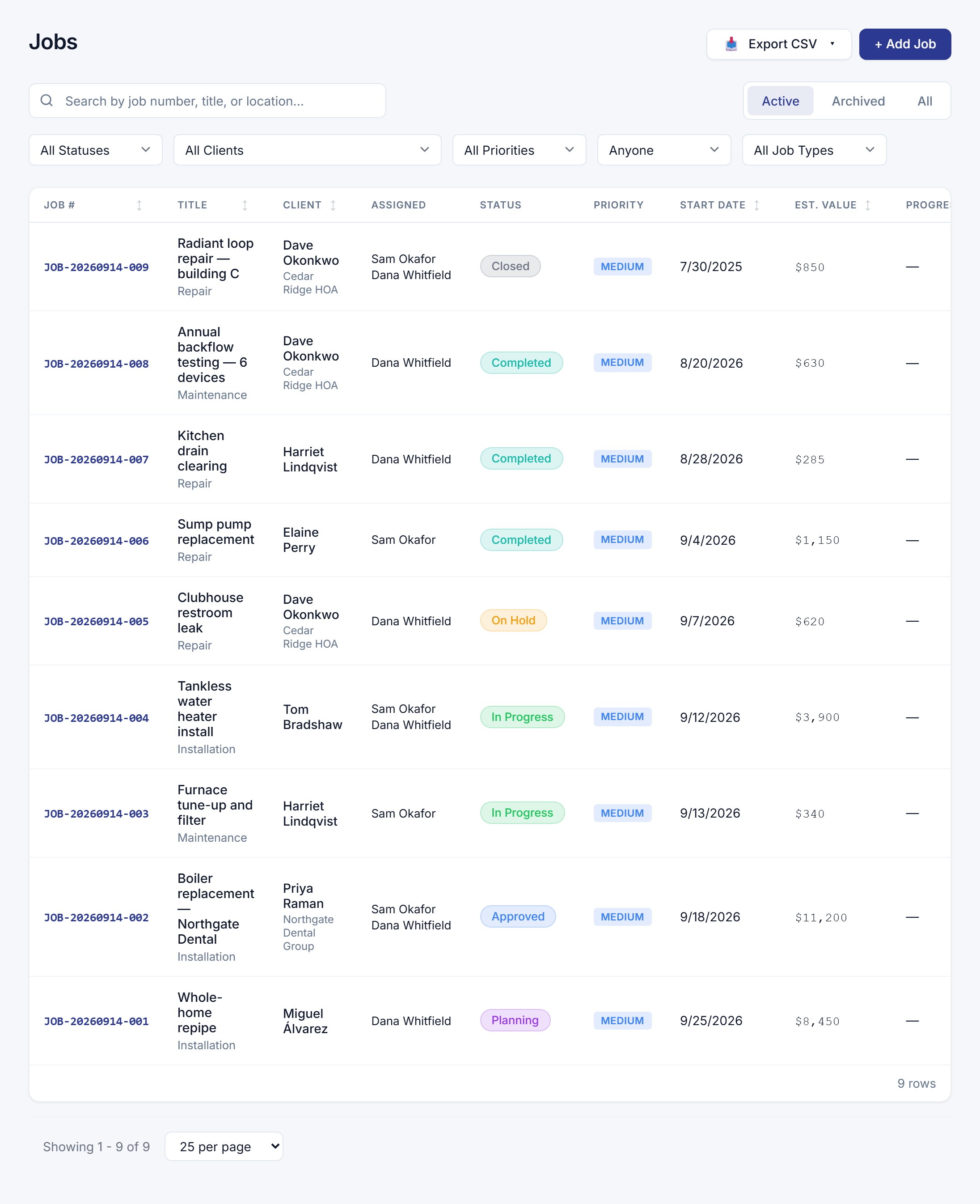 The Jobs list with jobs in planning, approved, in progress and completed