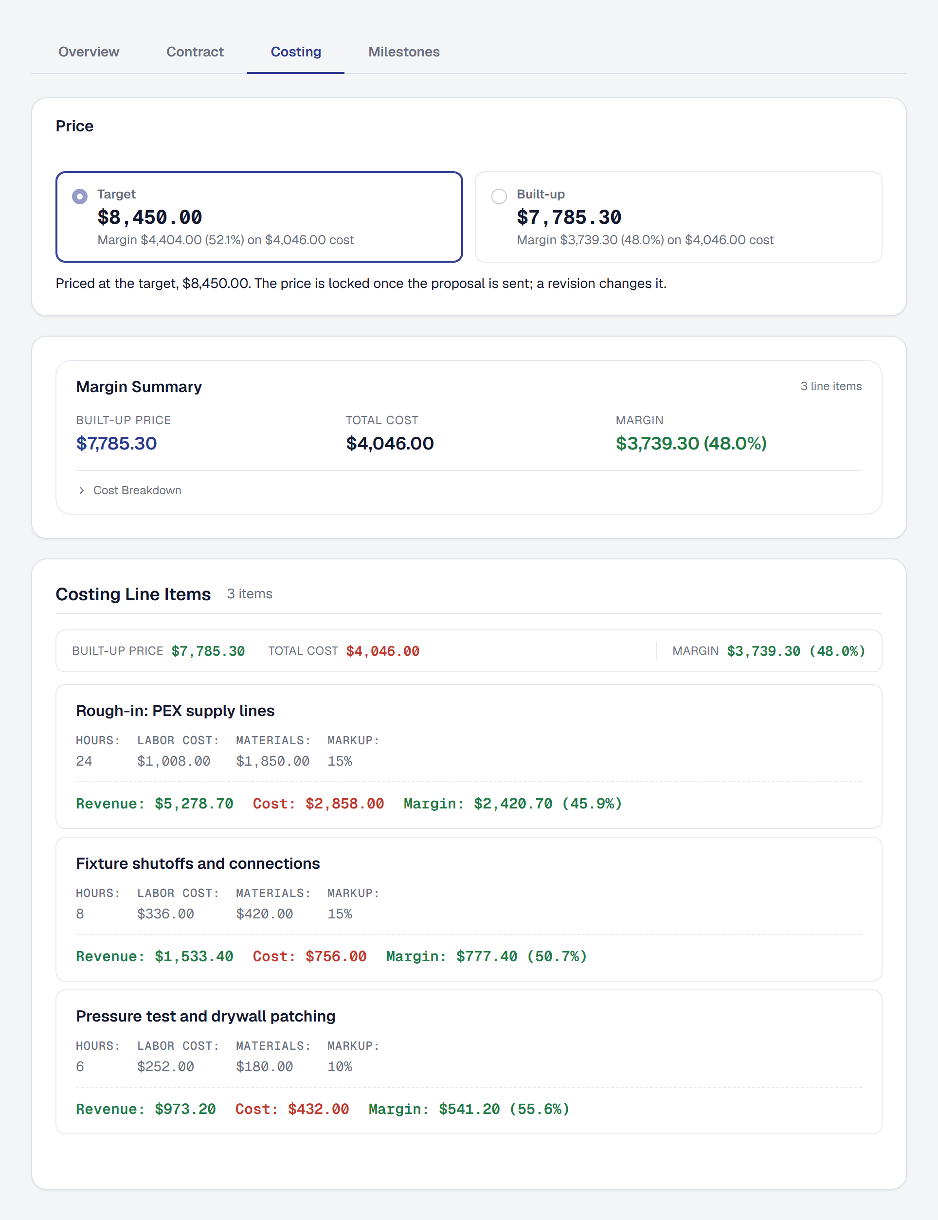 Proposal costing with margin summary and line item breakdown