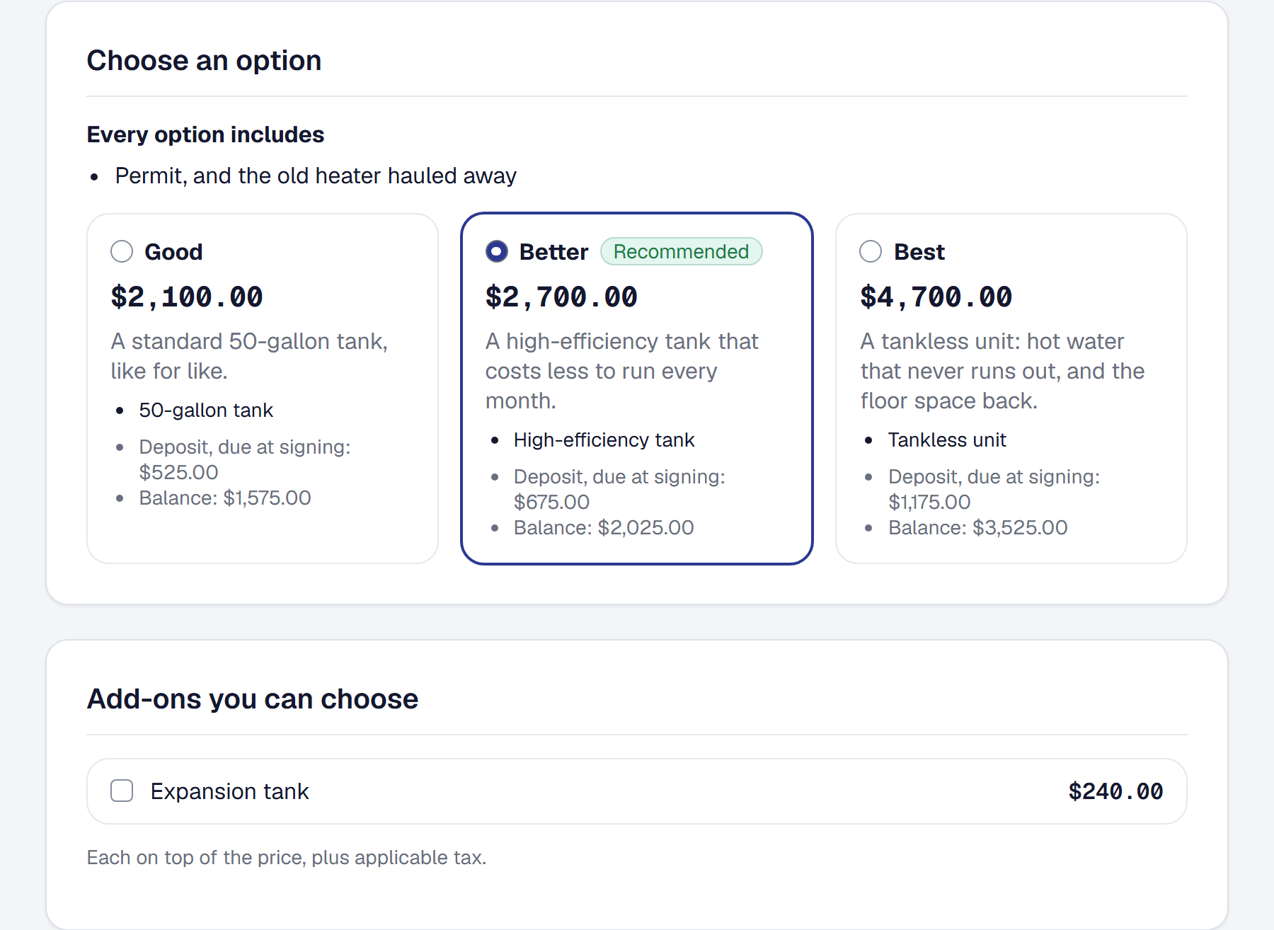 A customer's proposal page in SMG Tools offering Good, Better and Best for a water heater, each with its price, what it includes and its deposit, Better recommended and picked, and an expansion tank to add.