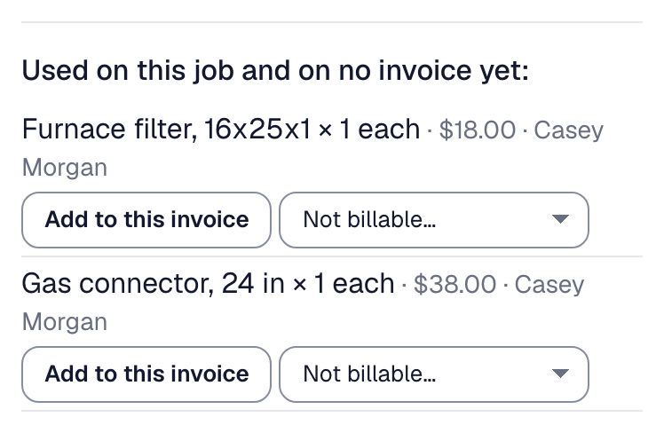 An invoice being marked sent: the filter at $18.00 and the gas connector at $38.00, used on the job and on no invoice yet, each with Add to this invoice