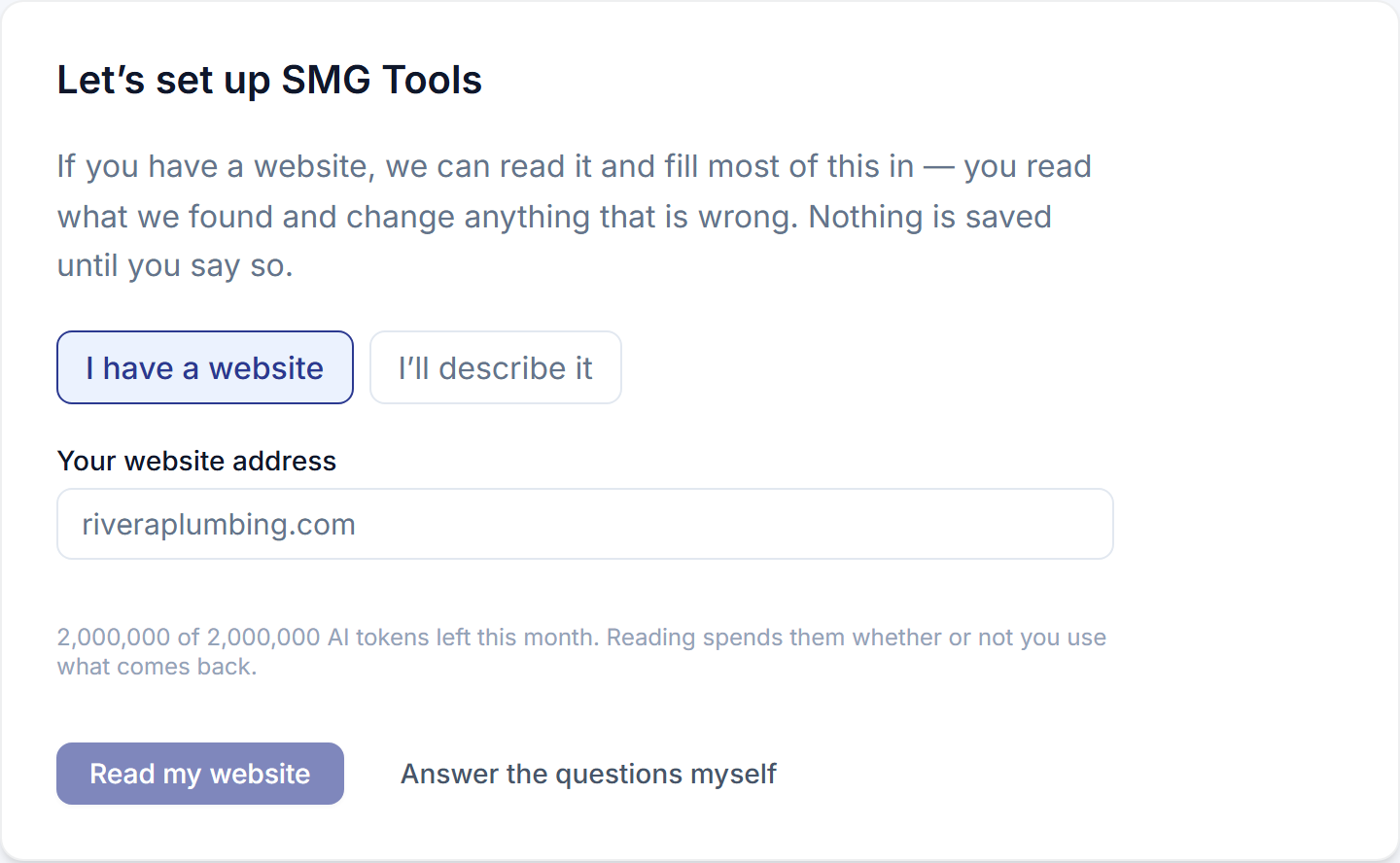The first screen of setup, offering to read your website address or take a sentence describing the business, with answering the questions by hand beside it