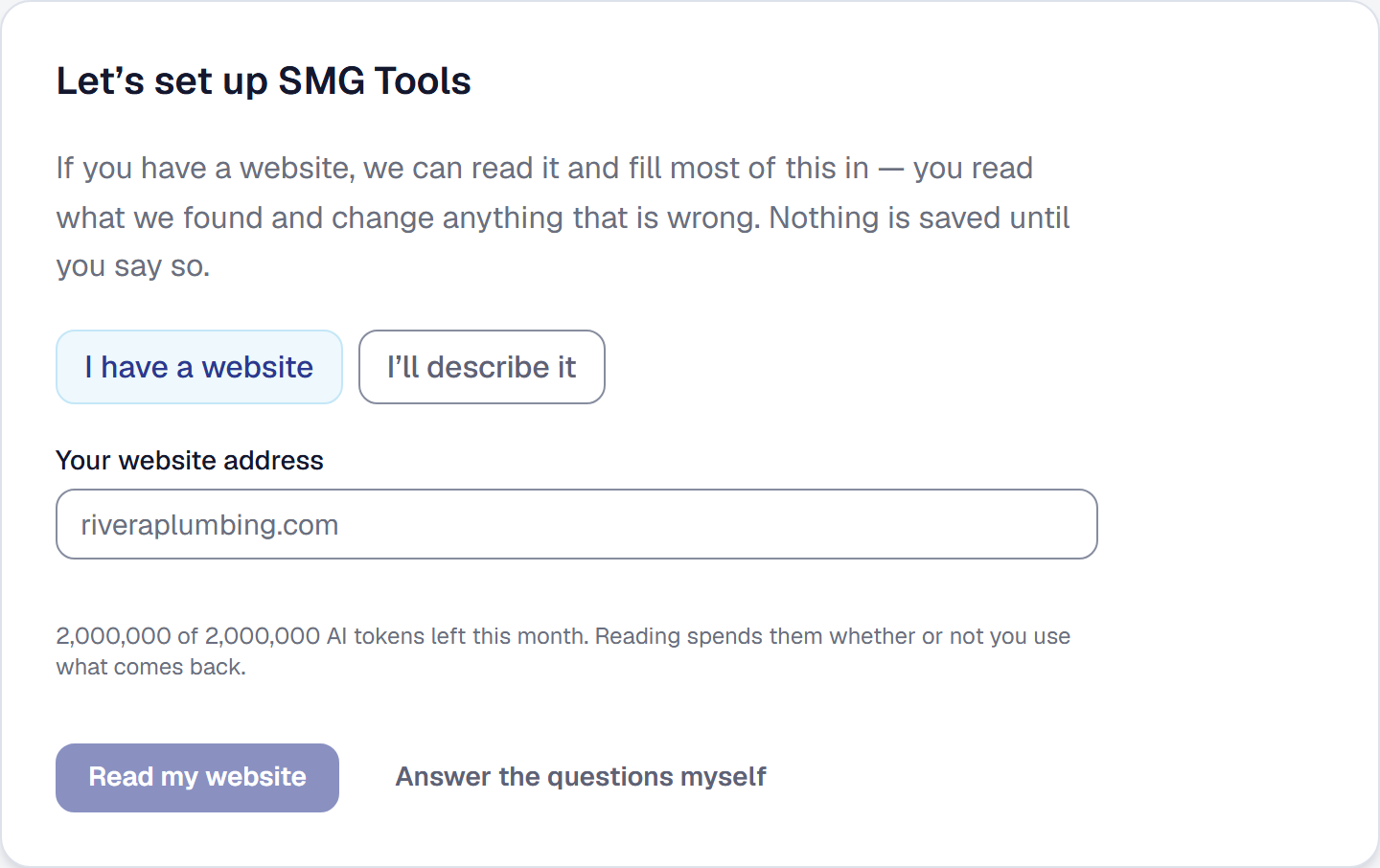 The first screen of setup, offering to read your website address or take a sentence describing the business, with answering the questions by hand beside it