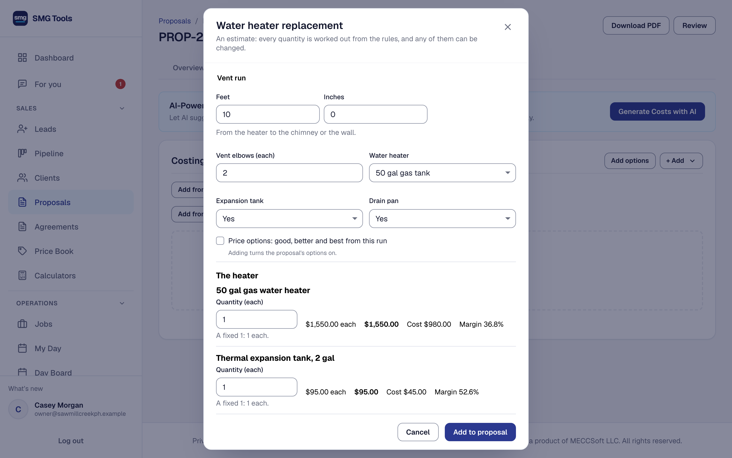 A water heater replacement calculator on a proposal: the vent run and the choices, and each line priced from the price book with how its quantity was worked out