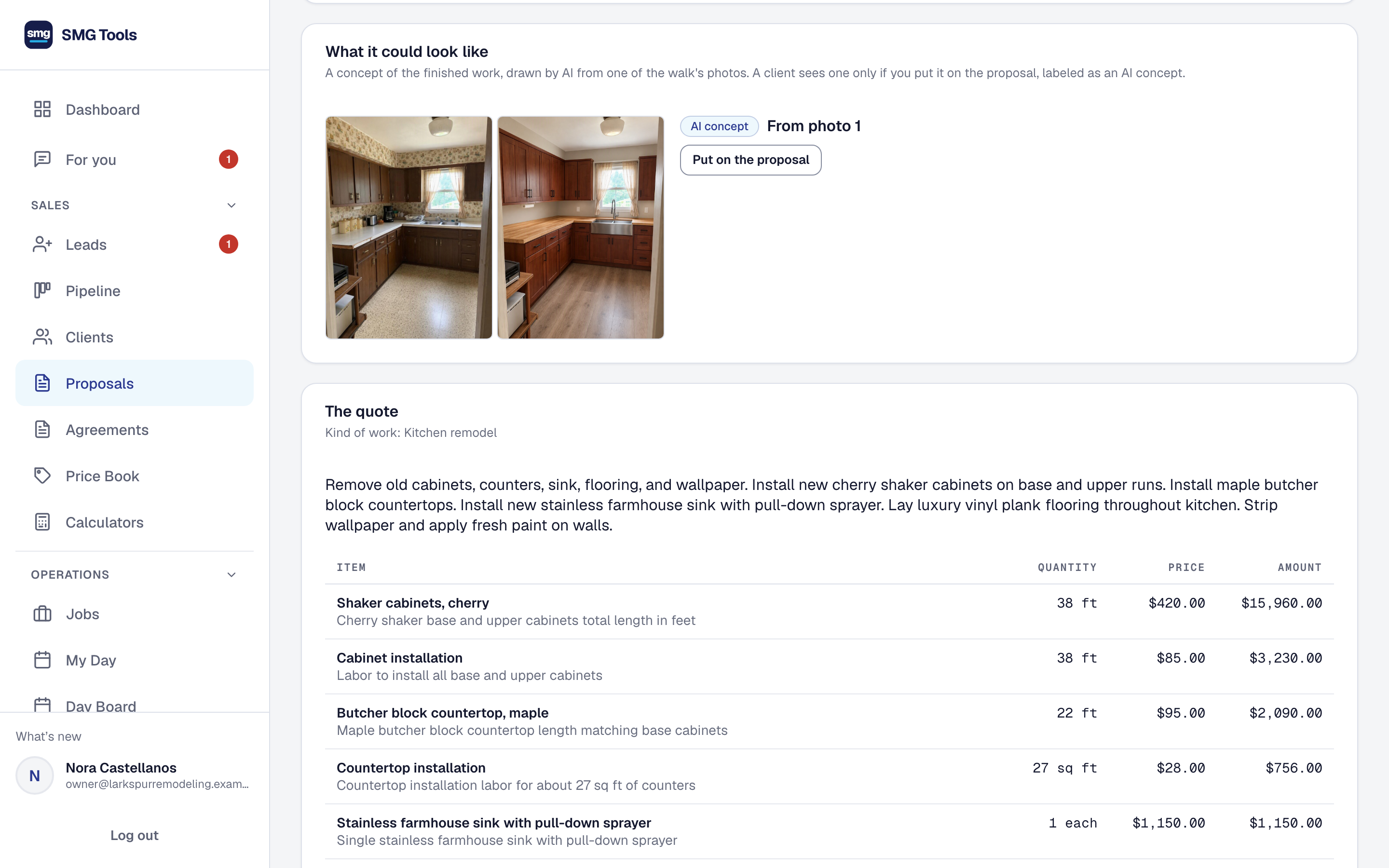 A site walk drafted in SMG Tools: a sample kitchen photographed on the walk beside the AI concept of it finished, and below them the quote drafted from the walk, priced from the price book — cherry shaker cabinets, maple butcher block, a stainless farmhouse sink
