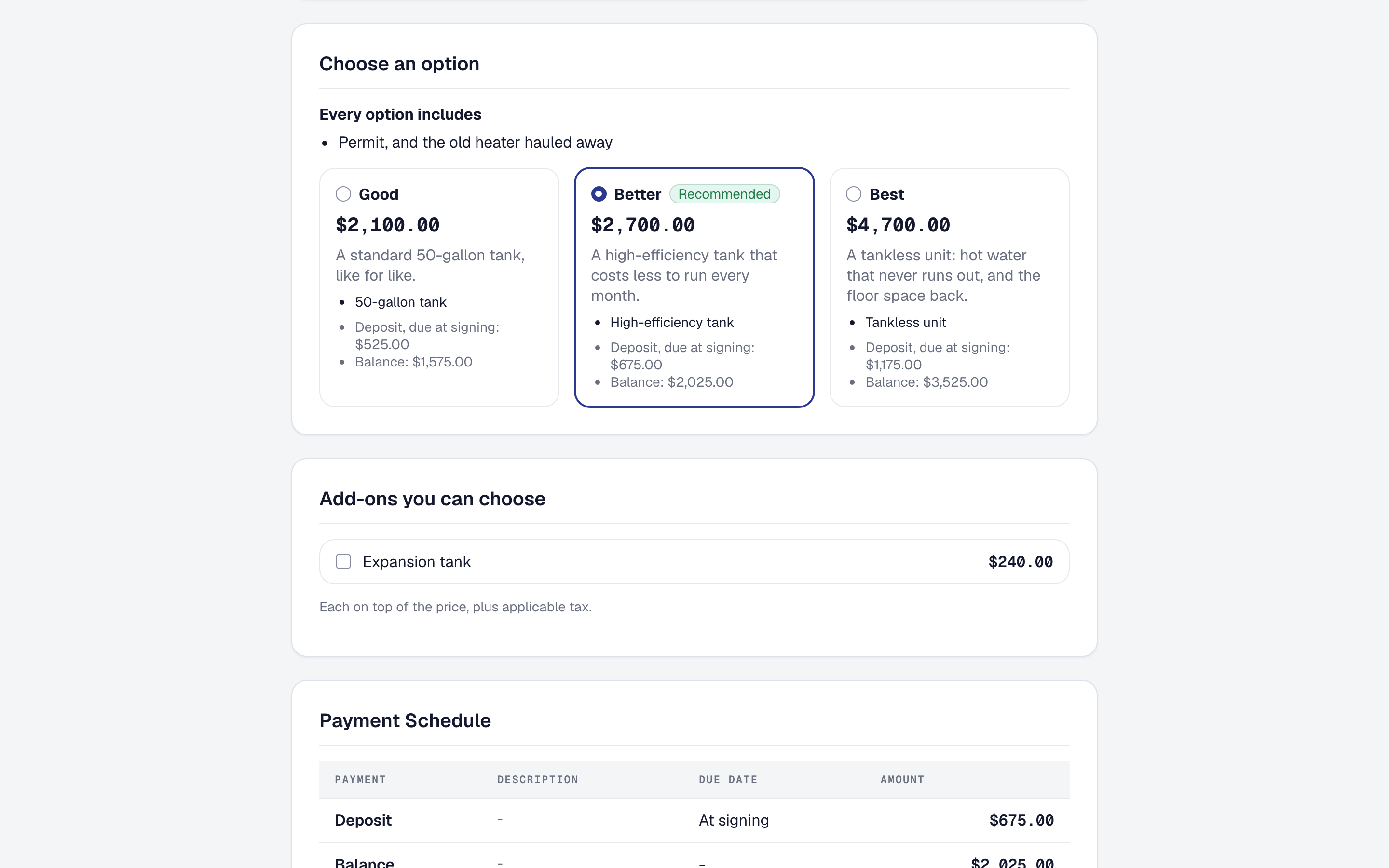 The customer’s own page offering three options side by side, Good, Better and Best, with Better recommended and chosen, and an add-on beneath