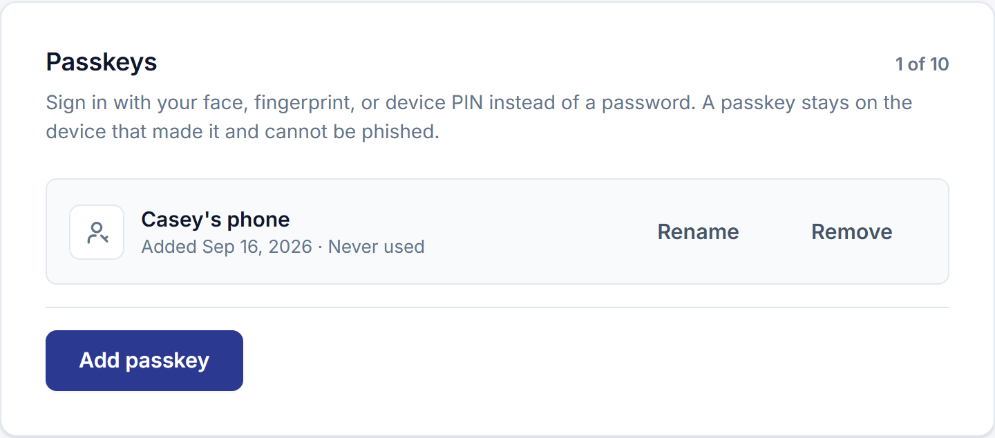 The Passkeys section of the Security page with one passkey registered — named for the device, added today, its count against the ten an account may hold — and the Add passkey button.