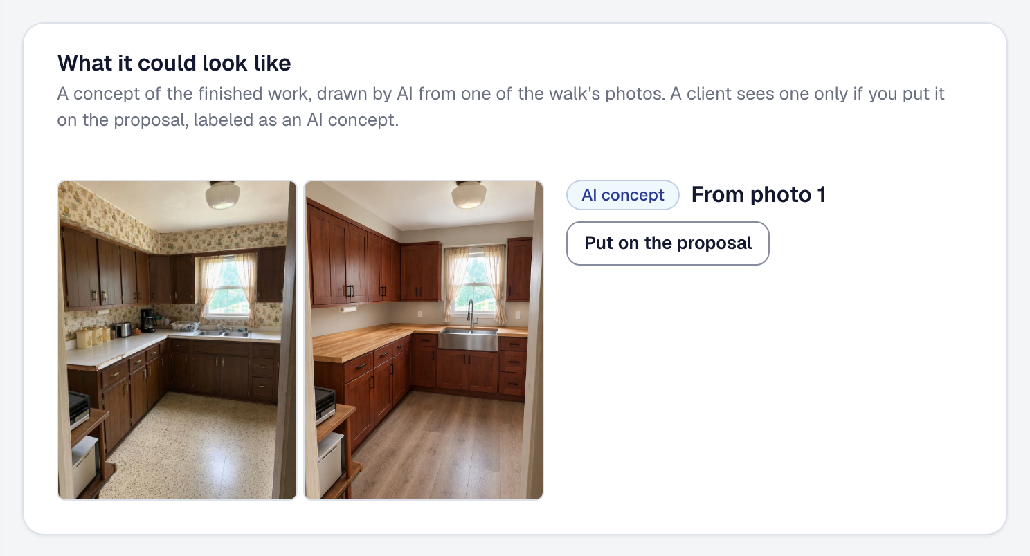 A sample kitchen photographed on a site walk, beside the AI concept drawn from it: the same room with cherry shaker cabinets, maple butcher block counters, a stainless farmhouse sink and a plank floor