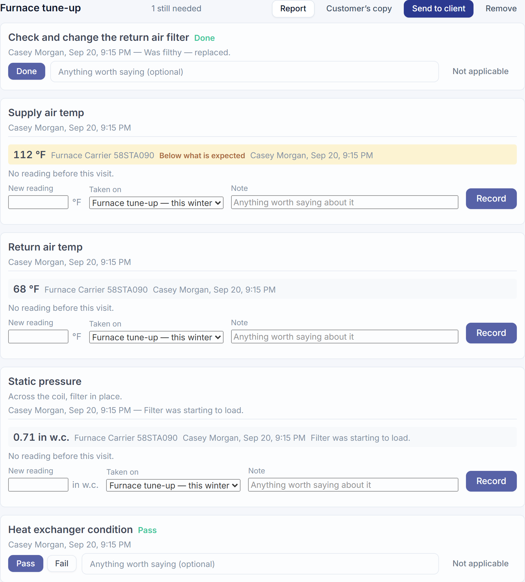 A job's checklist with steps ticked, a photo attached, and a reading marked below its expected range